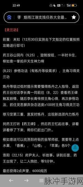 烟雨江湖柳如意后续支线通关秘籍大揭秘