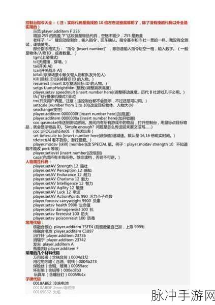 辐射4控制台代码大全：全面解析辐射4控制台代码及其应用指南
