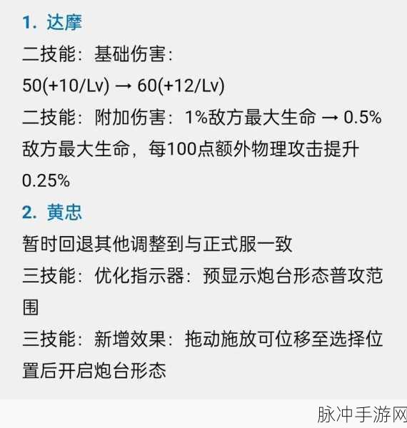 王者荣耀黄忠体验服重大调整全解析,被动技能伤害显著提升